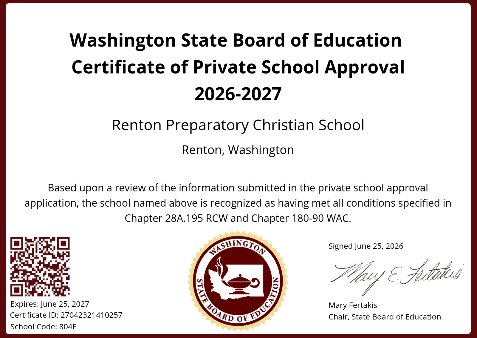 Washington State Board of Education Certificate of Private School Approval, 2026-2027, issued to Renton Preparatory Christian School in Renton, Washington